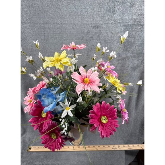 Artificial Floral Arrangement With Pink Yellow Blue & White Flowers In Metal Vas - Picture 5 of 5